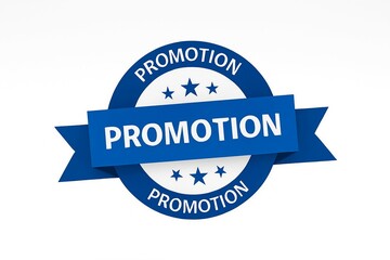 Fototapeta premium Blue circular badge with a ribbon banner announcing promotion in bold white letters signifying a special offer or sale