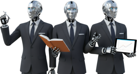Three silver robots in suits hold a pen book and tablet displaying charts isolate android artificial intelligence