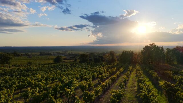 Aerial view of dramatic sunset above Gigondas and Les Dentelles de Montmirail vineyards at the Mont Ventoux