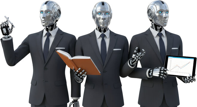 Three silver robots in suits hold a pen book and tablet displaying charts isolate android artificial intelligence
