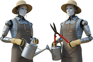 Two humanoid robots wearing straw hats and aprons one holding watering can other holding shears isolate