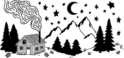 Enchanting spring forest cabin with pine trees, smoking chimney, and celestial stars