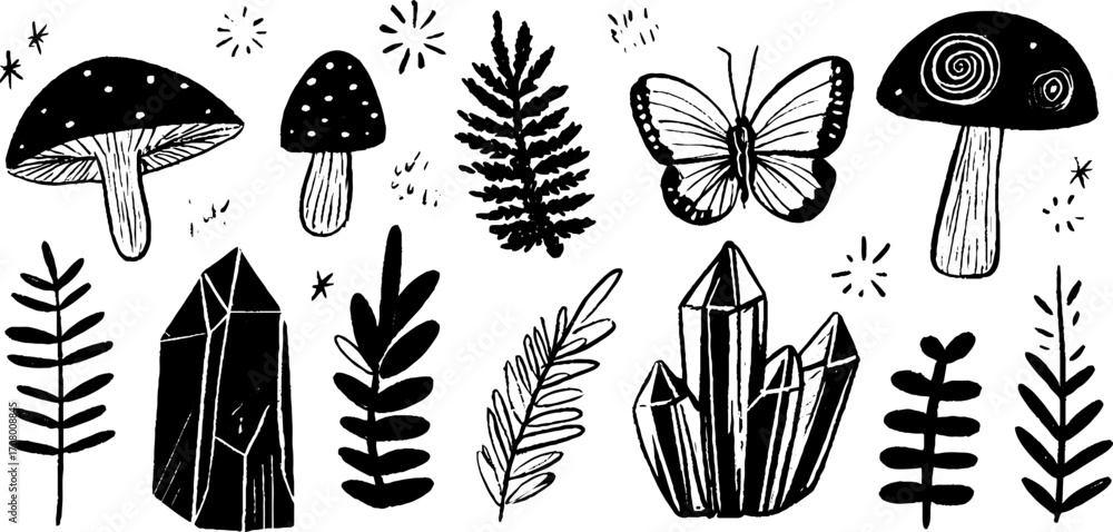 Poster spring botanical and crystal elements with mushroom and fern illustrations