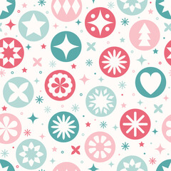 Christmas background in modern style. Colourful decorations with balls, stars and snowflakes. Seamless pattern. Vector illustration