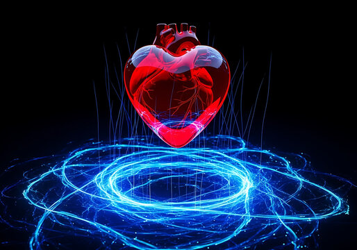Mystical heart elixir glowing with electric blue energy on a dark background