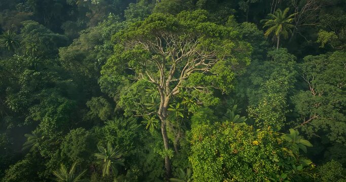 Drone launching over jungle canopy, approaching emergent tree circling revealing branches