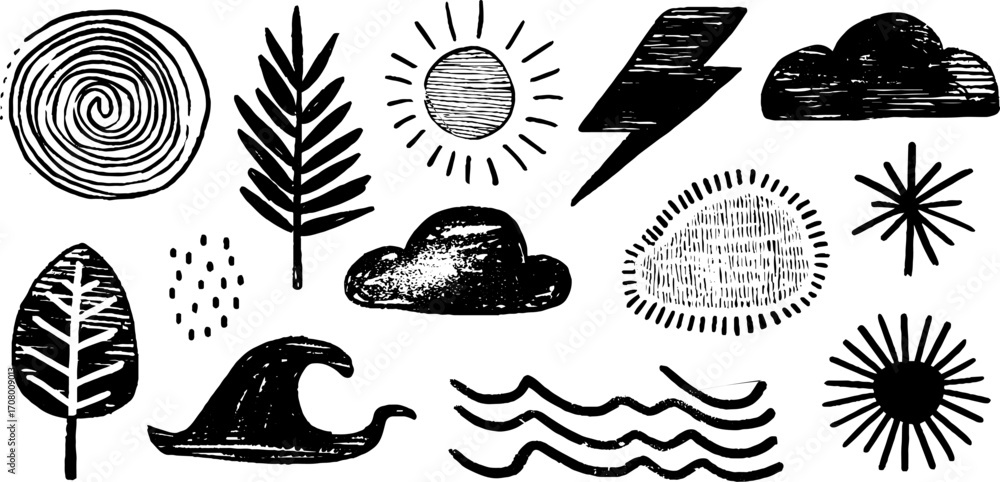 Aufkleber spring elements set: spiral, sun, thunder, cloud, wave patterns for design