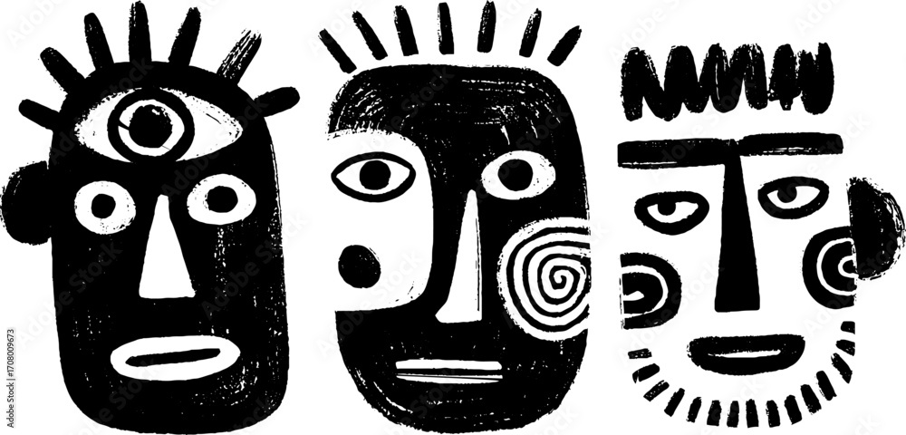 Poster surreal mask faces with spiral elements and abstract expressions for art and design