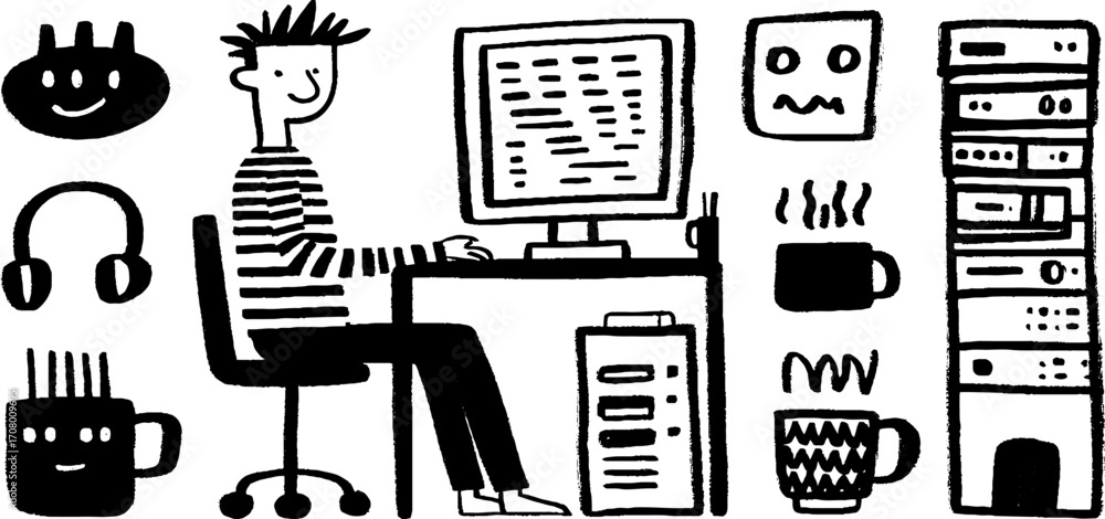 Aufkleber tech workspace illustration featuring programmer with code and gadgets