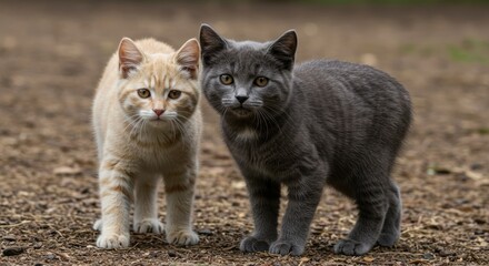Obraz premium Two Young Kittens Standing Close Together on Outdoor Ground Surface