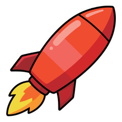A vibrant red rocket taking off with a fiery trail, a dynamic cartoon illustration for science, technology, and space exploration.