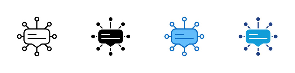 Network Chat Multiple Style Icon Design Vector - Central speech bubble connected to nodes, symbolizing communication network or digital connections