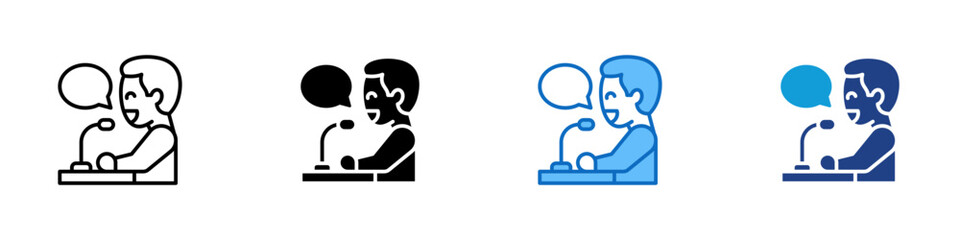 Public Speech Multiple Style Icon Design Vector - Person speaking at podium with bubble, symbolizing presentation, lecture, or public communication