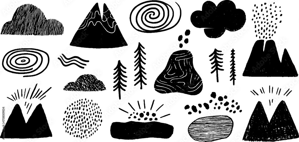 Aufkleber volcanic textures set with flow lines and spirals for creative design projects