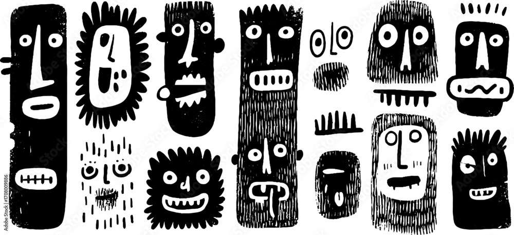 Aufkleber expressive abstract faces with distorted features in bold line art design