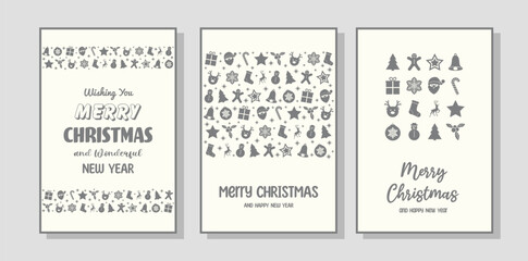 Collection of Christmas posters with ornaments. Greeting card decorated with Santa Claus, tree, reindeer, present and snowflake icons. Vector illustration