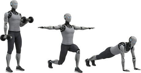 Advanced humanoid robot performing exercises bicep curls with dumbbells lunge and plank position isolate