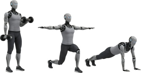 Advanced humanoid robot performing exercises bicep curls with dumbbells lunge and plank position isolate