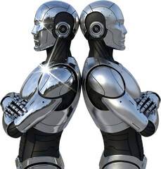 Two metallic robots facing away from each other with arms crossed isolate android cyborg futuristic technology