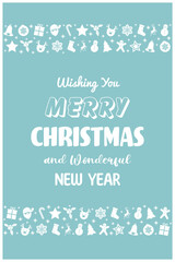 Christmas poster with ornaments. Greeting card decorated with Santa Claus, tree, reindeer, present and snowflake icons. Vector illustration