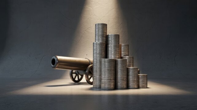 Economic Cannon: A striking visual metaphor featuring a cannon aimed at a tiered stack of coins under a spotlight, symbolizing the power of finance and investment