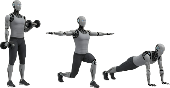 Advanced humanoid robot performing exercises bicep curls with dumbbells lunge and plank position isolate
