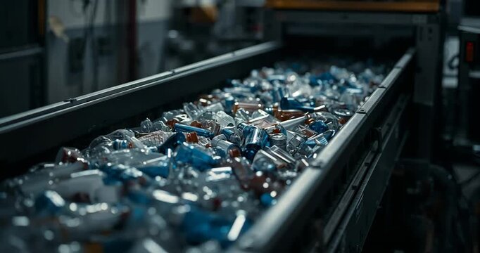 Motor starting conveyor carrying plastic bottles, aluminum cans through recycling plant for sorting