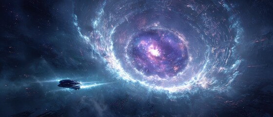 Sci-fi quantum gateway with scout ship in deep space, futuristic portal for game design, movie concepts, and book cover illustrations


