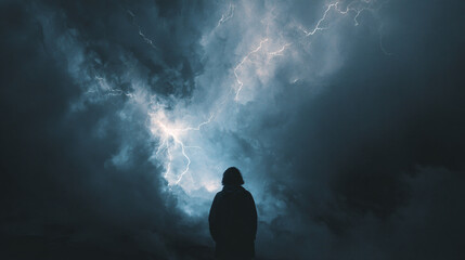 Obraz premium A person in the midst of a violent storm, symbolizing inner conflict and mental chaos. The flashing lightning represents sudden emotional bursts or intense moments of stress.