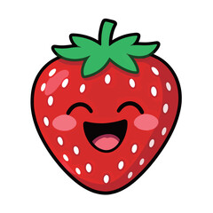 Happy cartoon strawberry with a big smile and rosy cheeks, a cheerful and joyful expression of happiness.