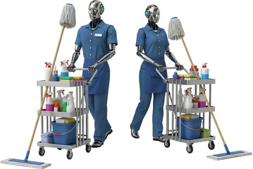 Two robots in blue uniforms with aprons push cleaning carts equipped with mops sprays and buckets Maid