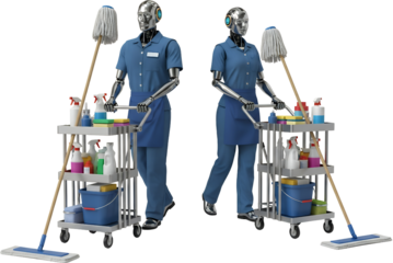 Two robots in blue uniforms with aprons push cleaning carts equipped with mops sprays and buckets Maid