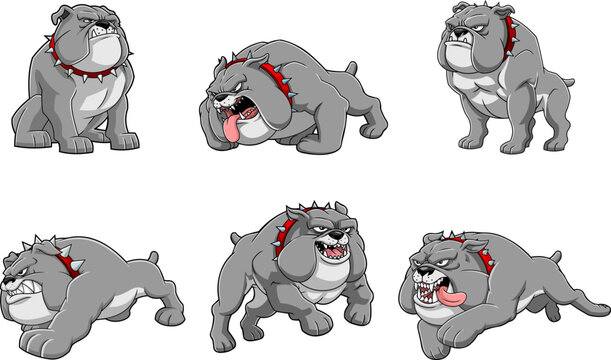 Gray Bulldog Cartoon Character In Different Poses &ndash; Vector Hand Drawn Bundle Collection Set Isolated On Transparent Background