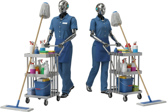Two robots in blue uniforms with aprons push cleaning carts equipped with mops sprays and buckets Maid