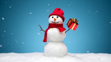 Fototapeta premium Cheerful snowman holding a christmas gift in snowfall