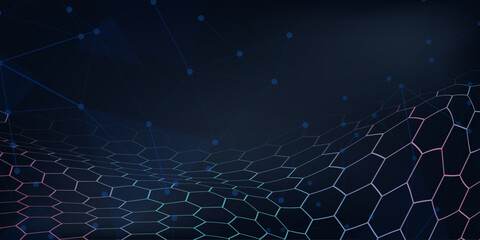 Abstract dark Geometrical Background Connection structure. Science background. Connecting dots and lines. Big data visualization and Business .Vector illustration. hexagons