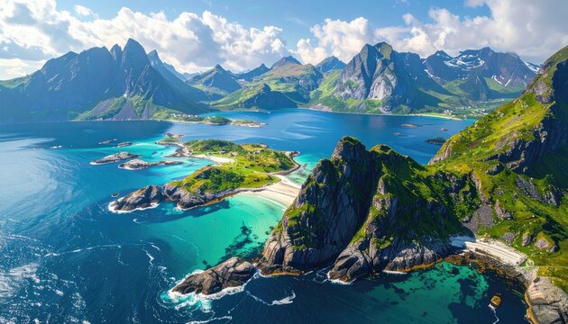 Scenic Aerial View of Lofoten Islands Norway with Turquoise Water Lush Green Mountains and Rocky Islands Under a Bright Blue Sky on a Sunny Day