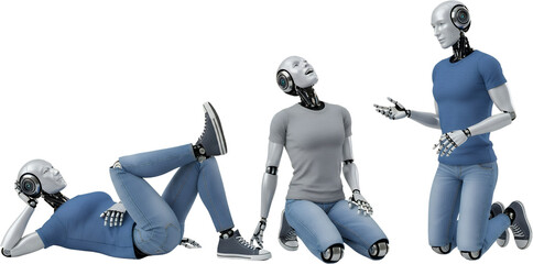 Humanoid robots in casual attire posing and interacting isolate android artificial intelligence technology