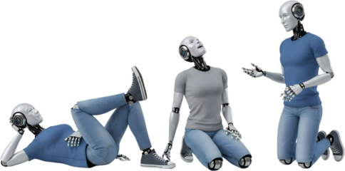 Humanoid robots in casual attire posing and interacting isolate android artificial intelligence technology