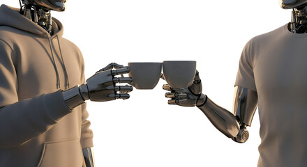 Two robots with metallic hands clink cups one wearing a hoodie and the other a t shirt isolated android