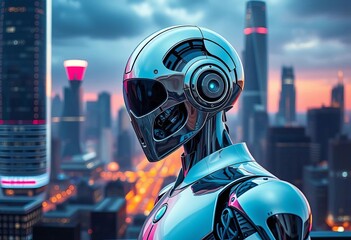 Sleek chrome robot against futuristic cityscape backdrop,  digital,   gear