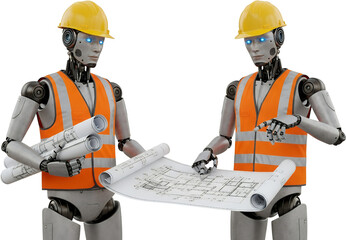 Two construction robots wearing hard hats and safety vests review blueprints isolate engineers architecture