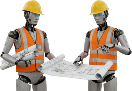 Two construction robots wearing hard hats and safety vests review blueprints isolate engineers architecture