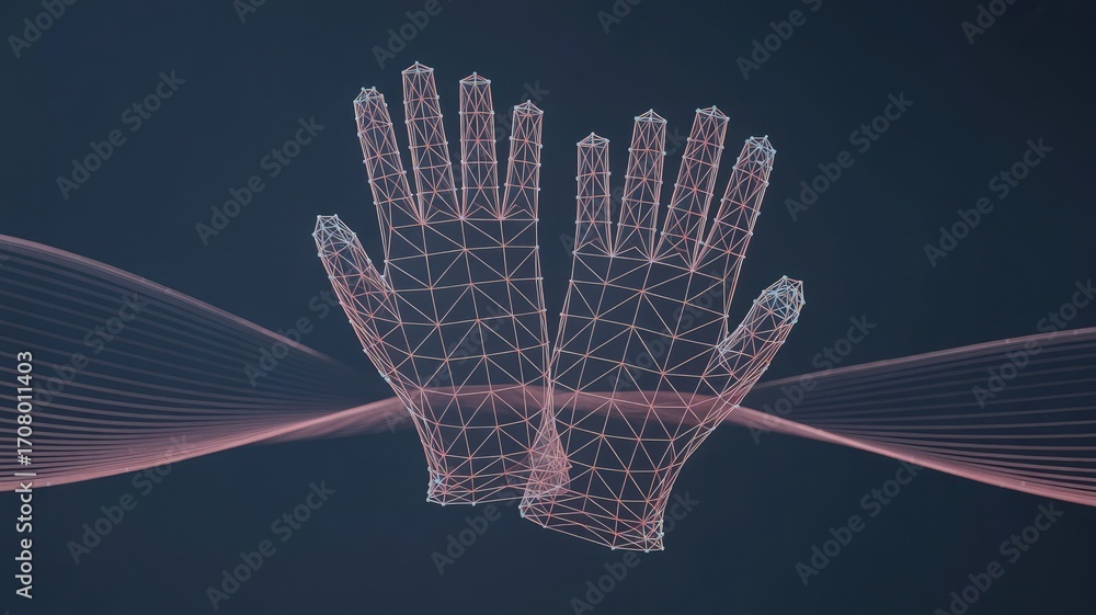 Poster Digital Hands Interacting with Waves: A futuristic display of two hands crafted from a digital grid, gracefully interacting with dynamic, flowing waves, showcasing technology and creativity.