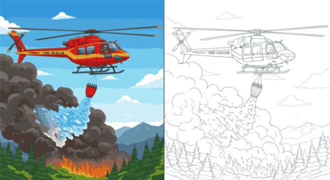 Firefighting Helicopter Coloring Page Illustration
