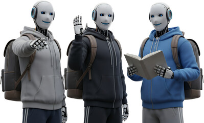 Three robots wearing hoodies and backpacks one pointing one waving and one reading a book isolate android