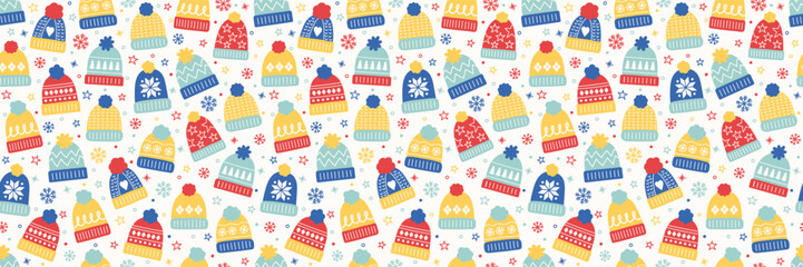 Colourful seamless pattern with cute hand drawn winter hats. Christmas background concept. Banner. Vector illustration