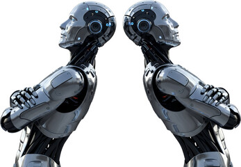 Two futuristic humanoid robots facing each other with arms crossed isolate android artificial intelligence