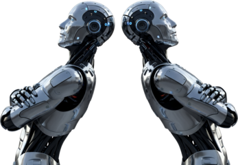 Two futuristic humanoid robots facing each other with arms crossed isolate android artificial intelligence