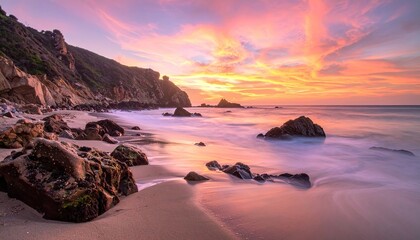 Scenic Beach Landscape at Sunset with Vivid Sky Colors, Coastal Rocks, Sandy Shoreline, Ocean Wave, and Dramatic Light